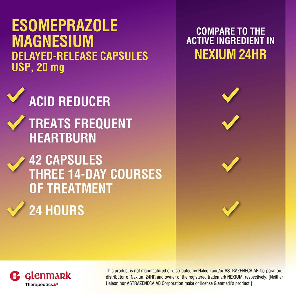 Glenmark Therapeutics Esomeprazole Magnesium USP 20mg, Delayed Release Capsules, Treats Frequent Heartburn, 42 Capsules