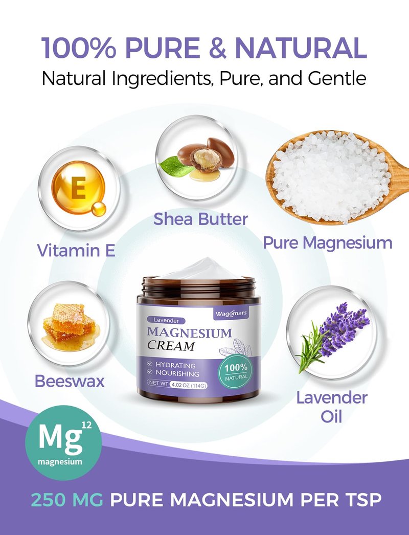 Wagomars Magnesium Cream - Natural Magnesium Lotion - Body Butter with Shea Butter & Coconut Oil - Fast-Absorbing, Lightweight - Deep Hydration for All Skin Types - Suitable for Kids (Lavender)