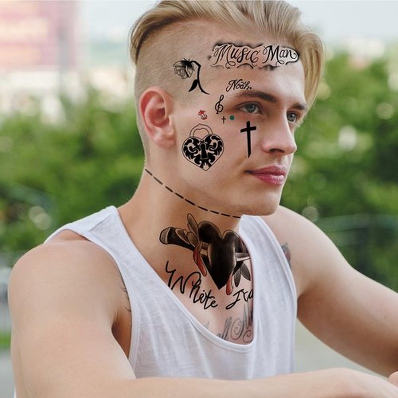 4 Sheets Cosplay Hip-Hop Temporary Face and Body Tattoos – Rapper-Inspired Fake Tattoo Stickers for Men, Women and Kids – Realistic Waterproof Tattoos for Cosplay, Halloween, Parties