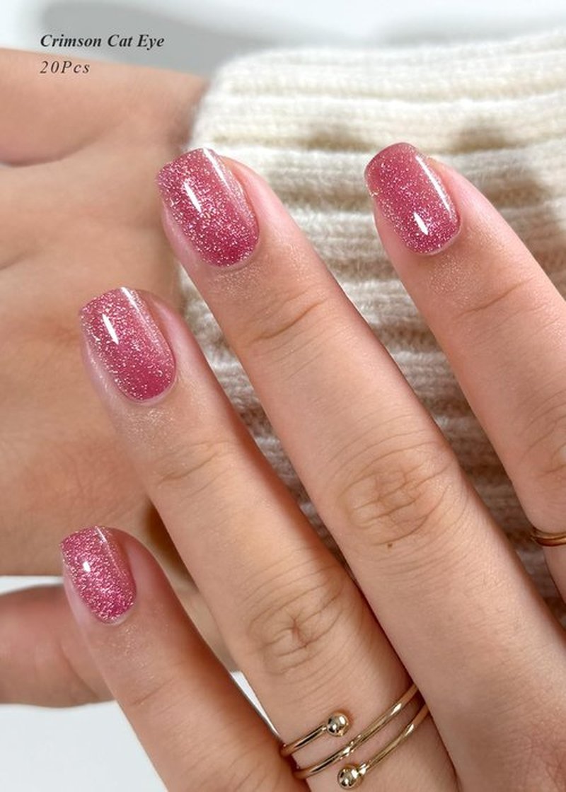 AutyaMee Semi Cured Gel Nail Strips (Crimson Cat Eye), Pink Red, 20 Pcs Gel Nail Wraps, Stickers, Salon Quality, Works With Any UV Lamps