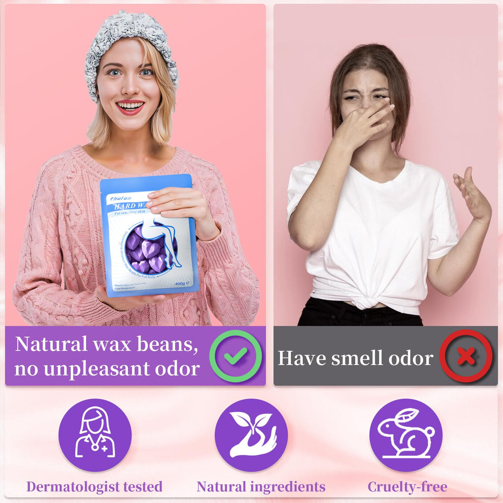 Chulan Hard Wax Beads, 14.1oz Heart Shape Wax Beans for Sensitive Skin, Hypoallergenic Waxing Bead for Coarse Hair Removal, Body, Brazilian, Facial, Bikini, Legs, Armpits Home Salon Lavender Purple