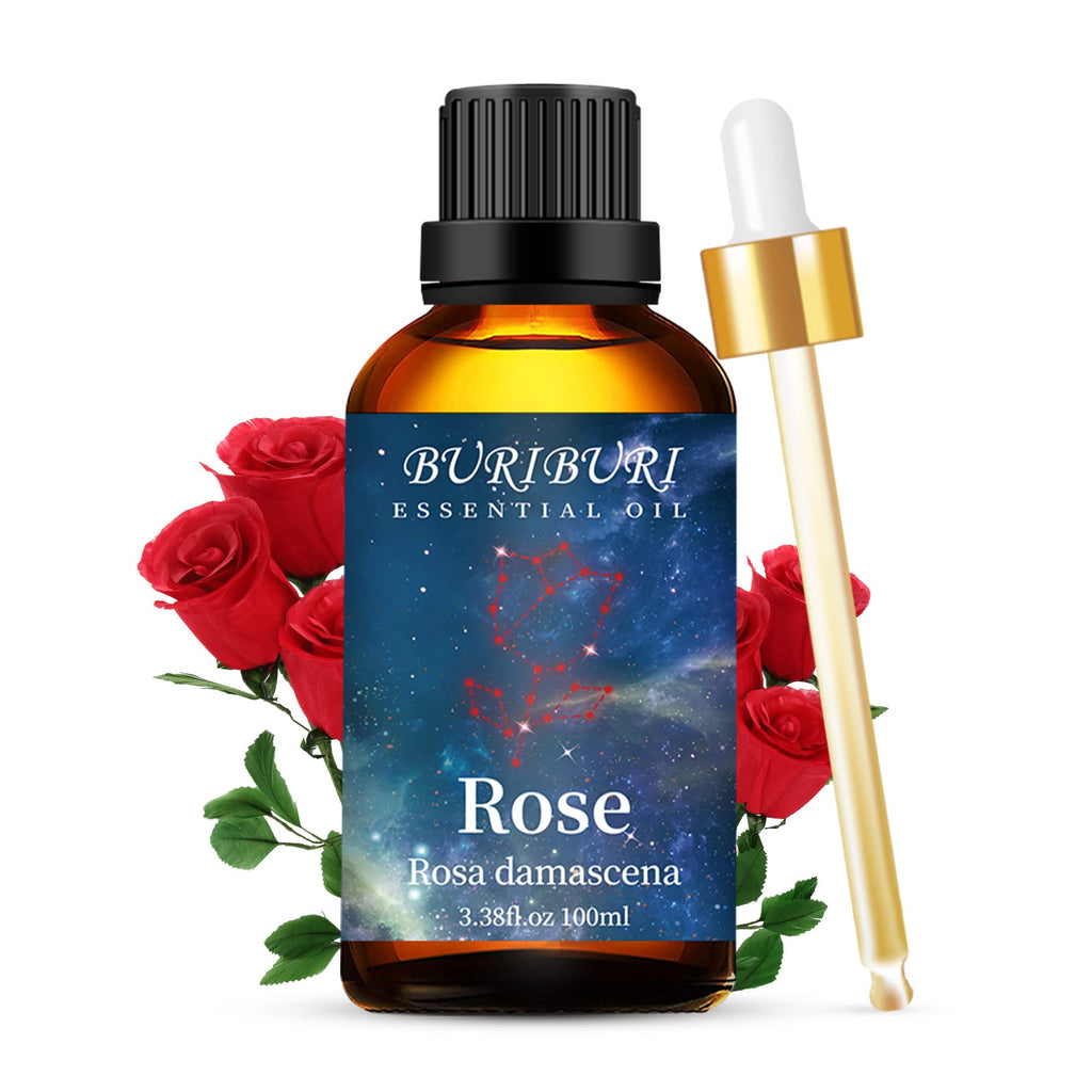 BURIBURI Rose Essential Oil 100ML Gifts Set 100% Pure Natural Undiluted Aromatherapy Rose Oil 3.38fl.oz for Soap, Candle Making, Massage, Diffuser, Humidifier