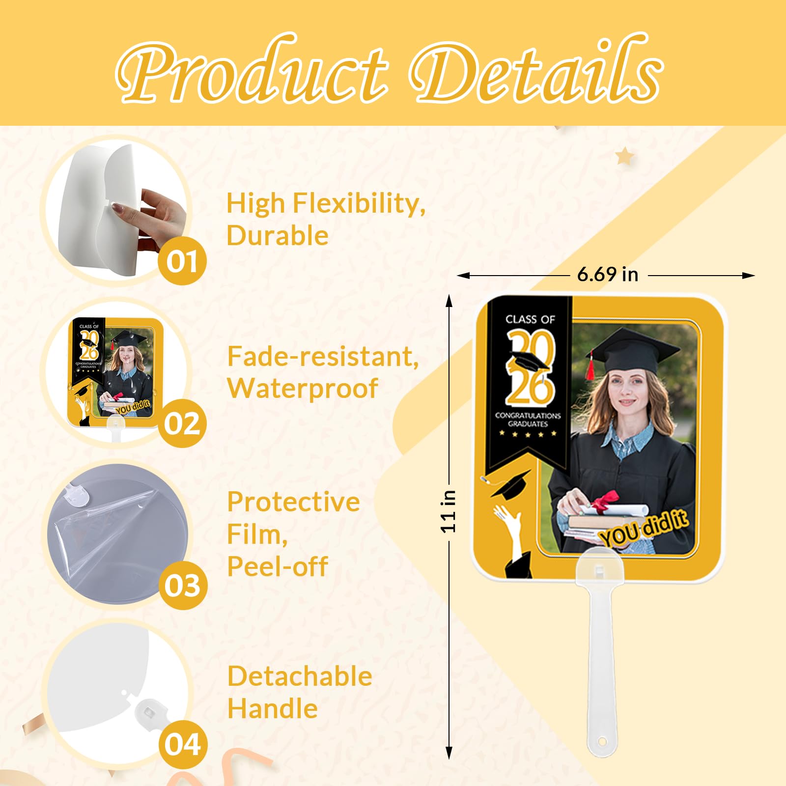 HJX 24Pcs Personalized Graduation Fans with Photo Class of 2026 Custom Fan Photo Frames with Handle for Graduation Party Souvenirs (24)