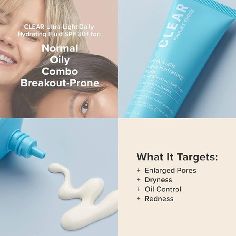 Paula's Choice CLEAR Ultra-Light Hydrating Face Sunscreen - SPF 30, Oil-Free Moisturizer with Green Tea & Chamomile, 2oz