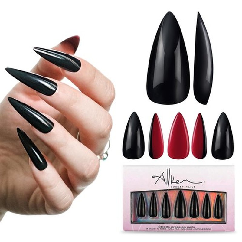 Allkem Press on Nails | Black Red Bottoms Sculpted Stiletto Glossy Extra Long Stiletto| 10 sizes - 20 pcs Nail kit with Glue box
