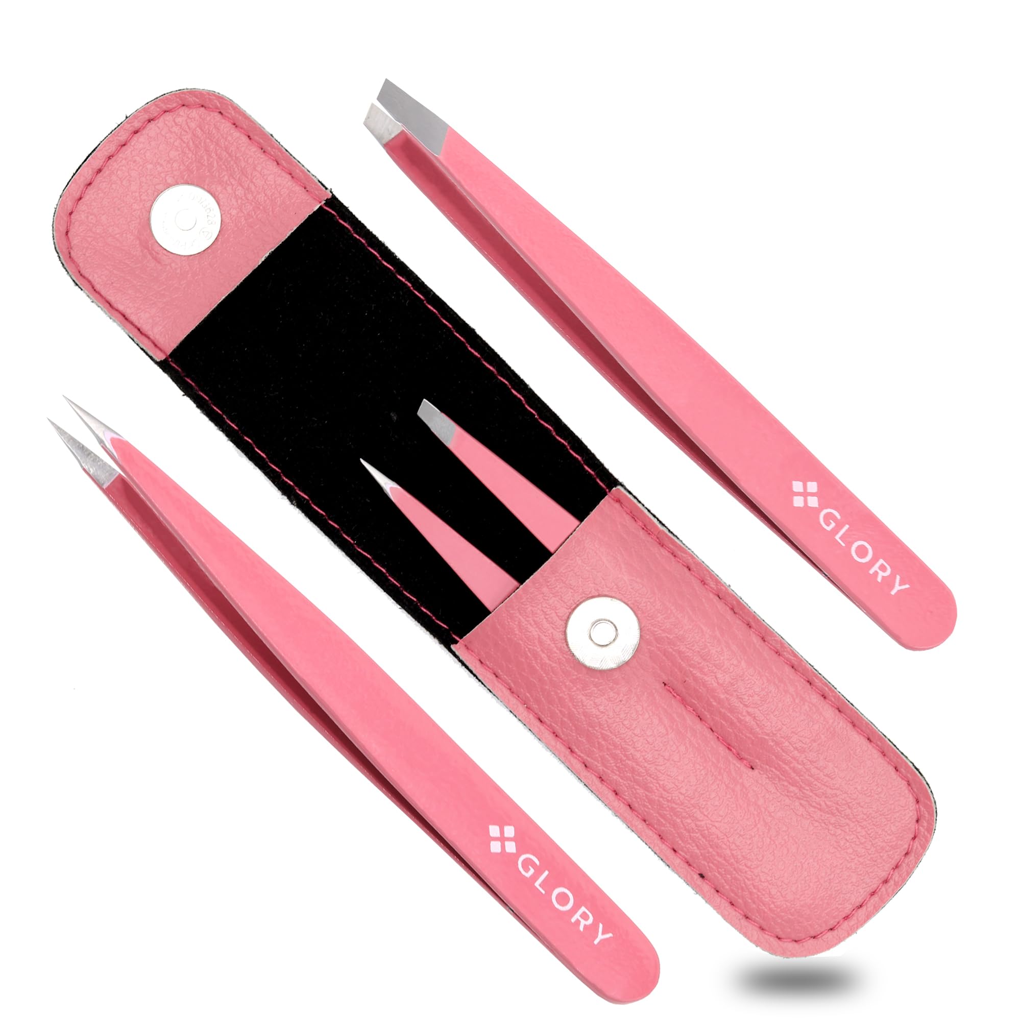 Glory Professional Precision Eyebrow Tweezers Series, Premium Stainless Steel Slanted & Pointed Hair Pluckers for Ingrown Hair, Splinters & Facial Grooming (Tweezers Set (Pink))
