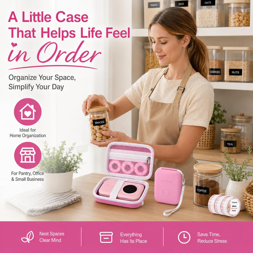 PAIYULE Hard Carrying Case for Phomemo D30 D35 Label Maker, Label Printer Case for Nelko P21, for NIIMBOT D110 D11, for Marklife P11 P12, for SUPVAN E10, Protective Storage Bag with Mesh Pocket (Pink)