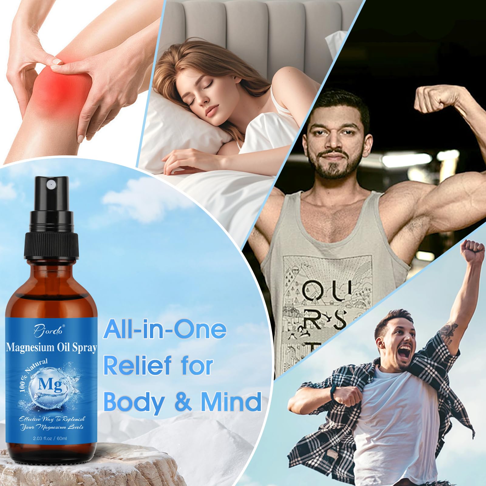 Pjordo Magnesium Oil Spray for Feet, Body & Sleep, 100% Pure & Natural Organic Topical Magnesium Chloride Oil Spray for Caring Body, Easy to Carry and Use, Rapidly Absorbed