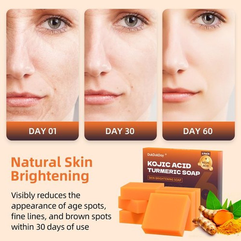 Dukdukday Turmeric Soap Bar Dark Spots for Face & Body, Kojic Acid soap Deep Cleansing, Gentle Soap Sensitive Skin Formula, All Skin Types 60g x 6 Bars