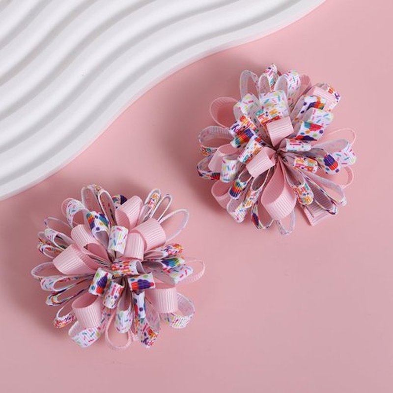 4pcs Happy Birthday Korker Hair Bow Clips for Baby Toddler Girls Ages 1-6, Pink Confetti Sprinkle Curly Ribbon Hairpins Alligator Barrettes,Kids Ice Cream Party Dress Accessory Gift