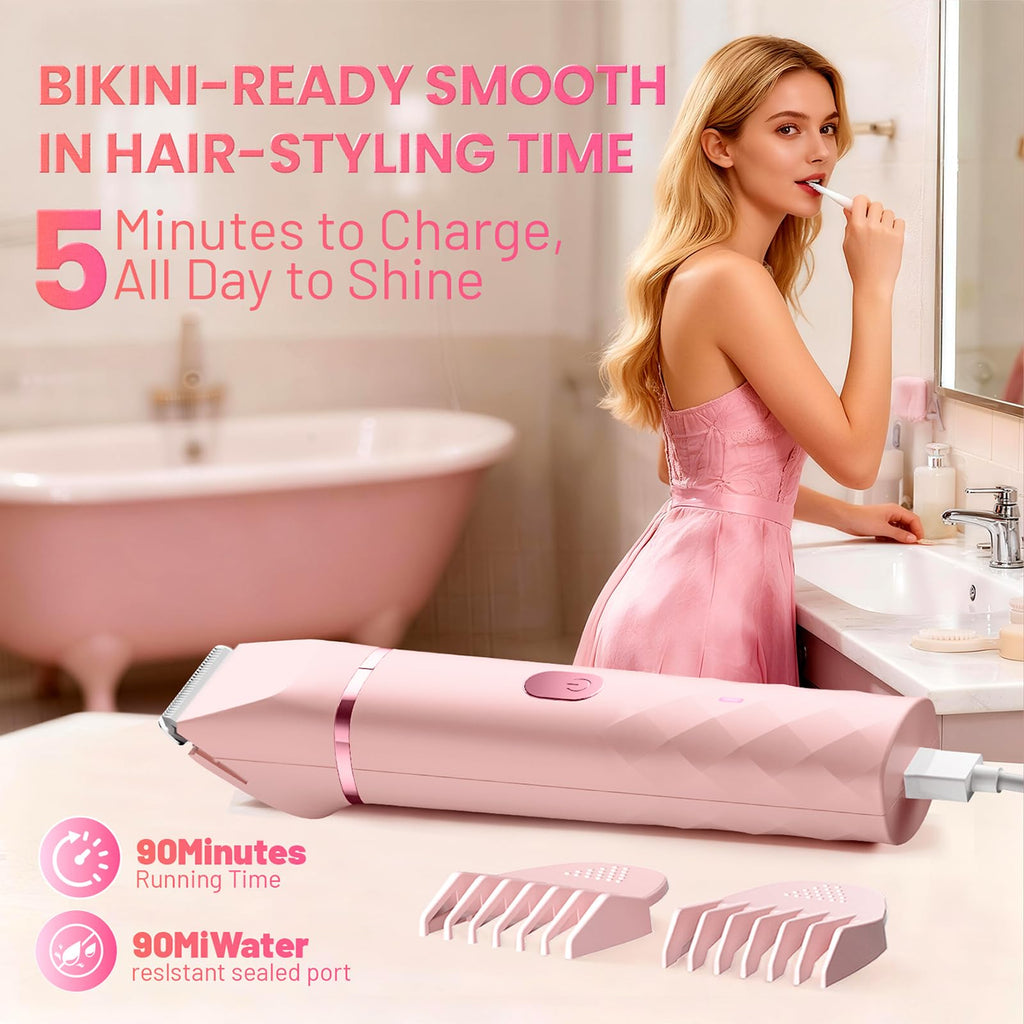 Bikini Trimmer for Women, IPX7 Waterproof, Painless Rechargeable Electric Razor Remover, 2-in-1 Facial & Pubic Hair Removal for Sensitive Skin, Portable Travel Size, Women’s Gift