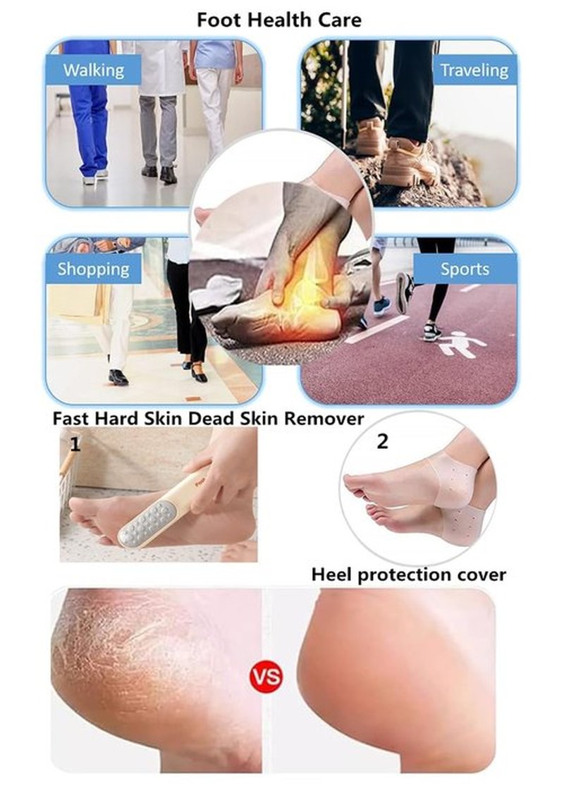 2-in-1 Foot File Callus Remover Set, Stainless Steel Foot Scrubber with Silicone Brush & Heel Gel Socks for Smooth Feet (Grey)