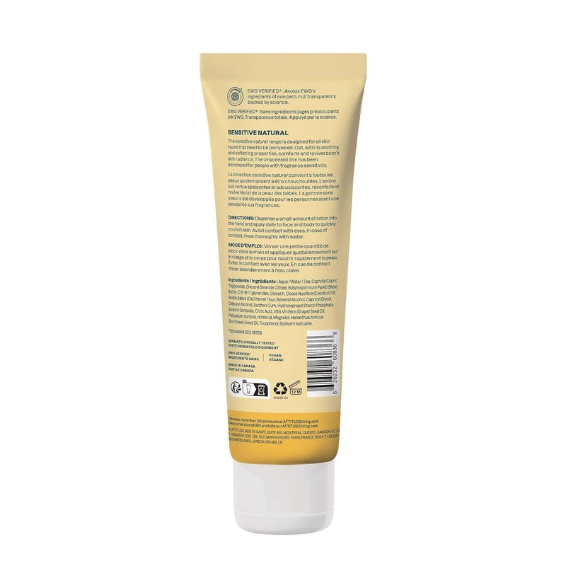 ATTITUDE Baby Lotion - Sensitive Skin Formula with Oat | EWG Verified, Vegan, Unscented, 8 Fl Oz