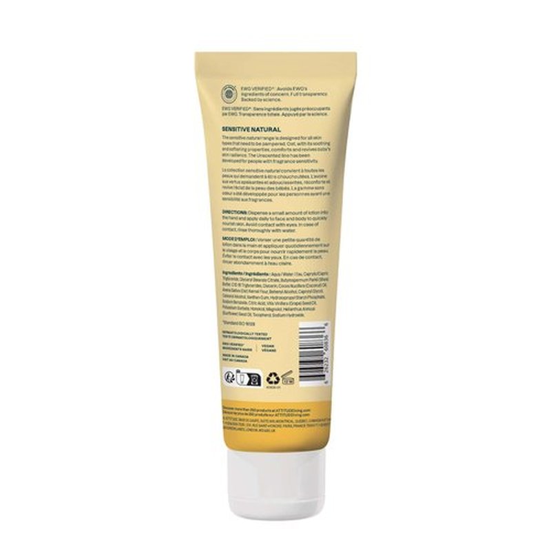 ATTITUDE Baby Lotion for Sensitive Skin with Oat, EWG Verified, Plant and Mineral-Based Ingredients, Vegan Personal Care Products, Unscented, 8 Fl Oz