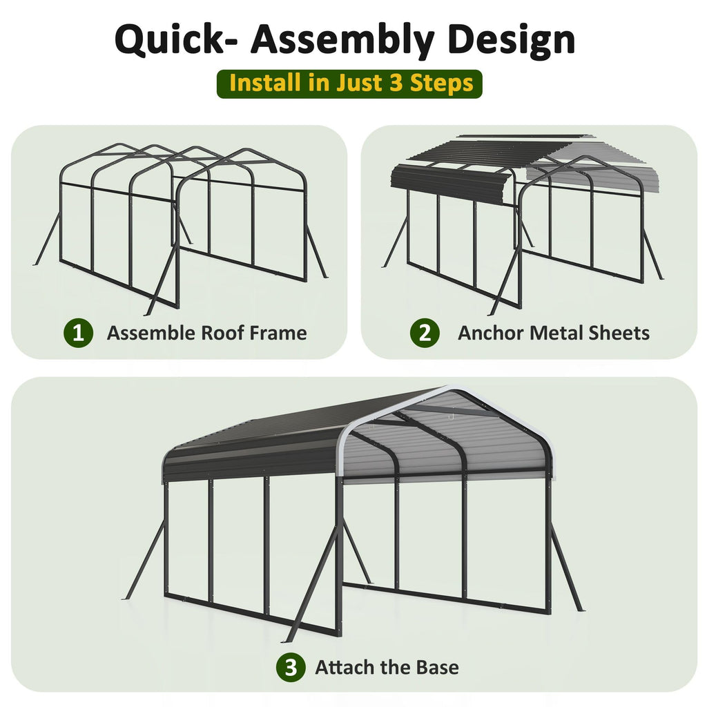 DAUSOLA 12x20 FT Metal Carport, Heavy Duty Carports Canopy with Updated Enhanced Base and Roof for All-Weather Use, Outdoor Galvanized Car Shelter, Car Port Garage for Car, Boats and Tractors, Grey