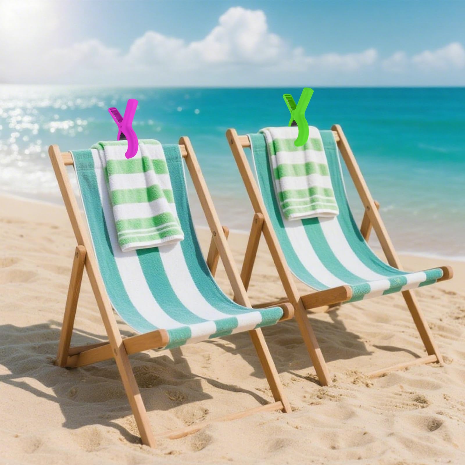 QOPAHI Beach Towel Clips for Beach Chairs Cruise, Strong Grip Clothes Pins Non-Slip Pool Chair Clips, Quilt Drying Clip for Laundry Towel Clothes Blankets Set of 6, with Drawstring Bag(3 Colors)