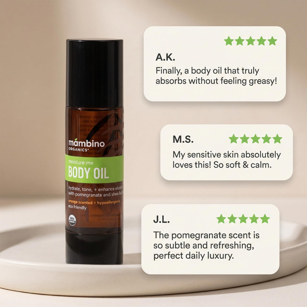 Mambino Organics Moisture Me Body Oil, Skincare Essential, Shea Butter Infused, Fast-Absorbing, Non-Greasy, Soothing Aroma, 2 fl oz