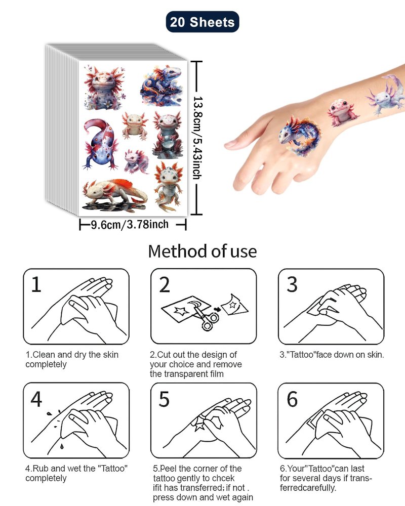 YanZonic 156Pcs Axolotl Temporary Tattoos - Cute Axolotl Tattoos Stickers for Axolotl Birthday Party Decorations Supplies, 20 Sheets