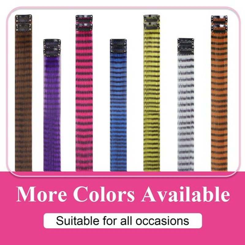 6 Pcs Pink Striped Hair Extensions Clip in Hairpiece 20 inch Synthetic Feather Scene Hair Extensions Long Straight Colorful Striped Hairpieces for Girl Women Cosplay Christmas Party Halloween Use