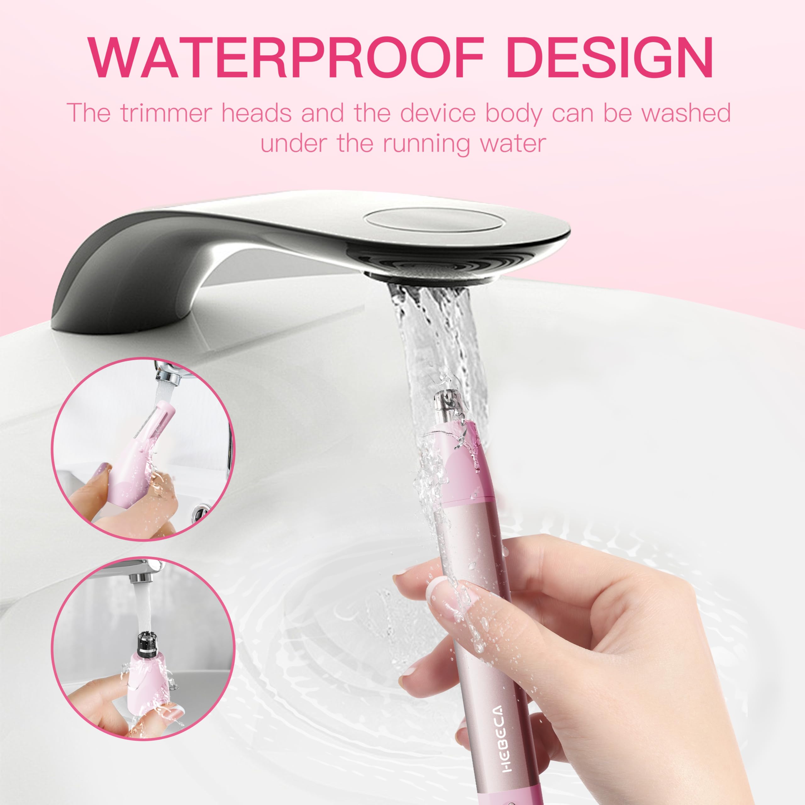 HEBECA Nose Hair Trimmer for Women 3in1 Facial Hair Removal Trimmer - Metal Body, Rechargeable, Waterproof, Portable - Nose, Ear, Eyebrow, Peach-Fuzz, Lips, Chin (Pink)