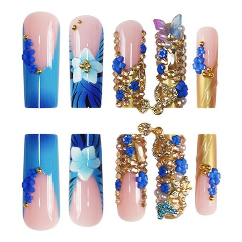 Long Square Press on Nails Fake Nails Artificial Nail Stick on Nail for Women Blue Flower and Butterfly Design with 3D Gold Diamonds and Pearl Accents on Light Pink Base