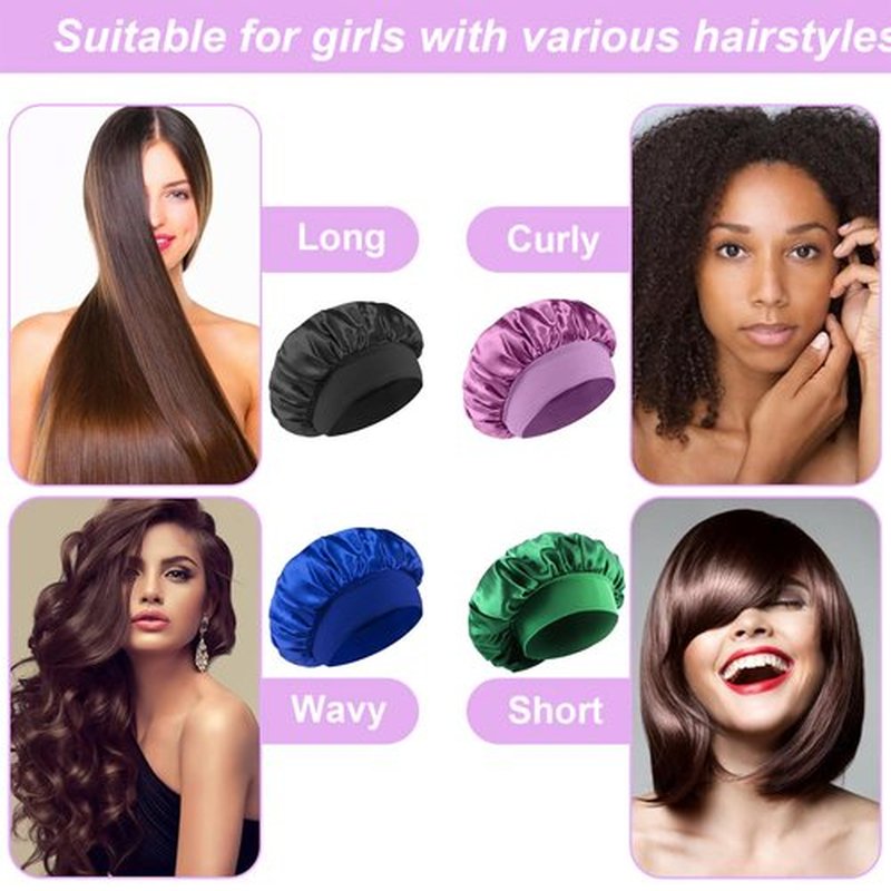 4Pcs Silk Satin Bonnets for Sleeping - Elastic Wide Band Wrap for Black Women Men,Silk Bonnets for Curly Hair,Large Hair Cap for Sleeping (Black+Purple+Blue+Green)