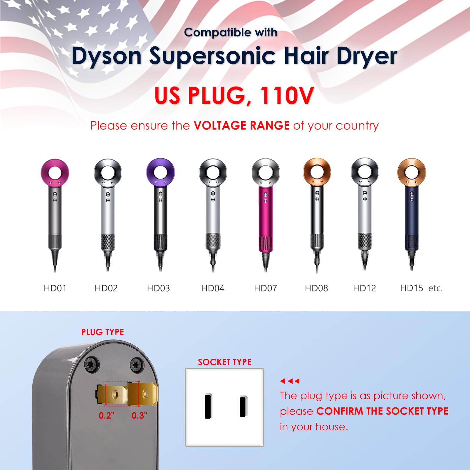 Upgrade Power Charger Cable Compatible with Dyson Hair Dryer Power Cord Cable Adapter Plug Accessories, 110V Power Charger Cable Repair Line Kit