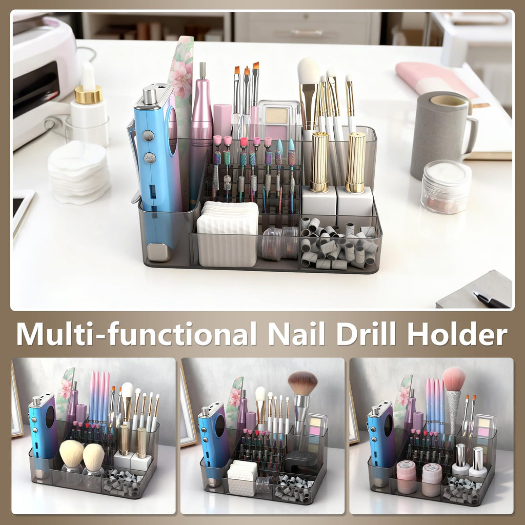YINGJEE Nail Drill Holder & 28 Holes Nail Drill Bits Holder, Transparent Acrylic Nail Drill Machine Storage Box, Professional Nail Drill Organizer Case for Manicure tools (Gray)