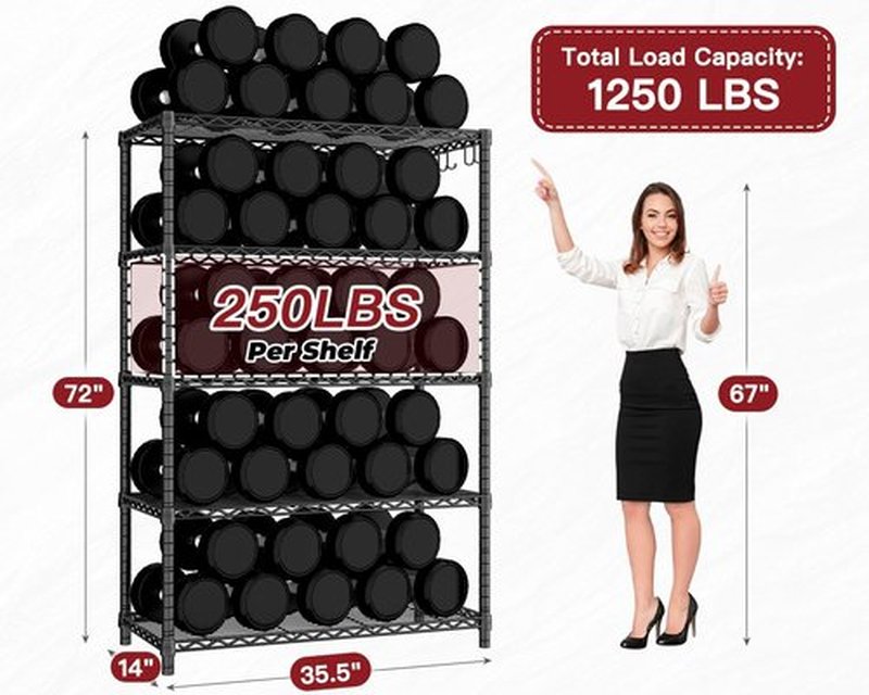 PrimeZone Wire Metal Storage Shelves - Heavy Duty 5-Tier Adjustable Garage Organizer Rack | NSF-Certified, Black, 35.5" W x 14" D x 72" H