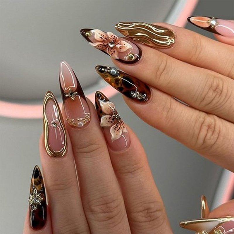 JONKASIPA 3D Handmade Pressed Nails Brown Almond False Nails with Dimensional Gold Lines and Floral Patterns French Gloss Reusable Adhesive Nails for Women's Manicure Sets 24Pcs