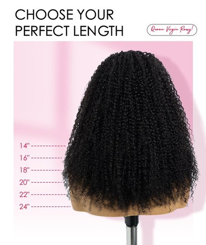 QUEEN VIRGIN REMY QVR Lace V Part Wig Human Hair No Leave Out Glueless V Shape Full Head Clip In Half Wig with Drawstring Kinky Curly U Part Human Hair Wig for Black Women 16 Inch Natural Black
