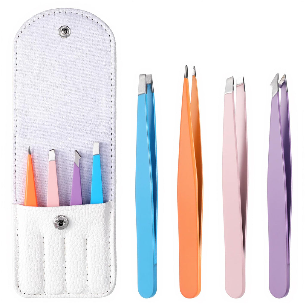 4Pcs Mini Tweezers Set, Micro Tweezers Stainless Steel Precision Eyebrow Tweezer for Facial Hair Removal, Travel Size With Leather Case