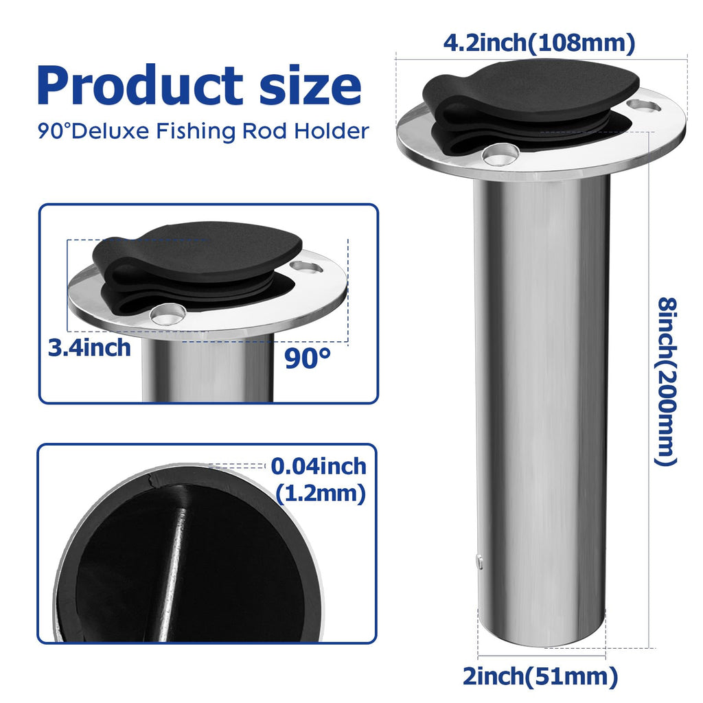 90 Degree Fishing Rod Holder 2 Pack, 316 Stainless Steel Rod Holders for Fishing Boat, Flush Mount with Cap, Heavy Duty