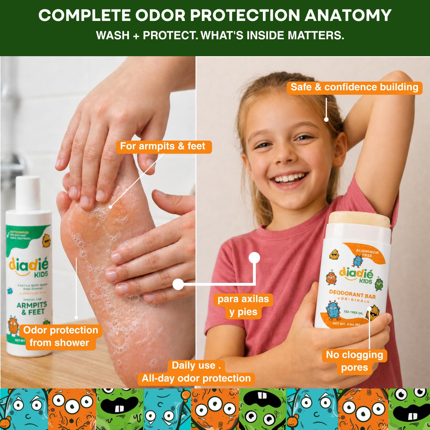 Diadié Kids Mix pack Natural deodorant bar and a Castile Liquid Body Odor Soap/Wash, For Armpits, feets, body odor protection, 5 Essential Oils, 2 Pack