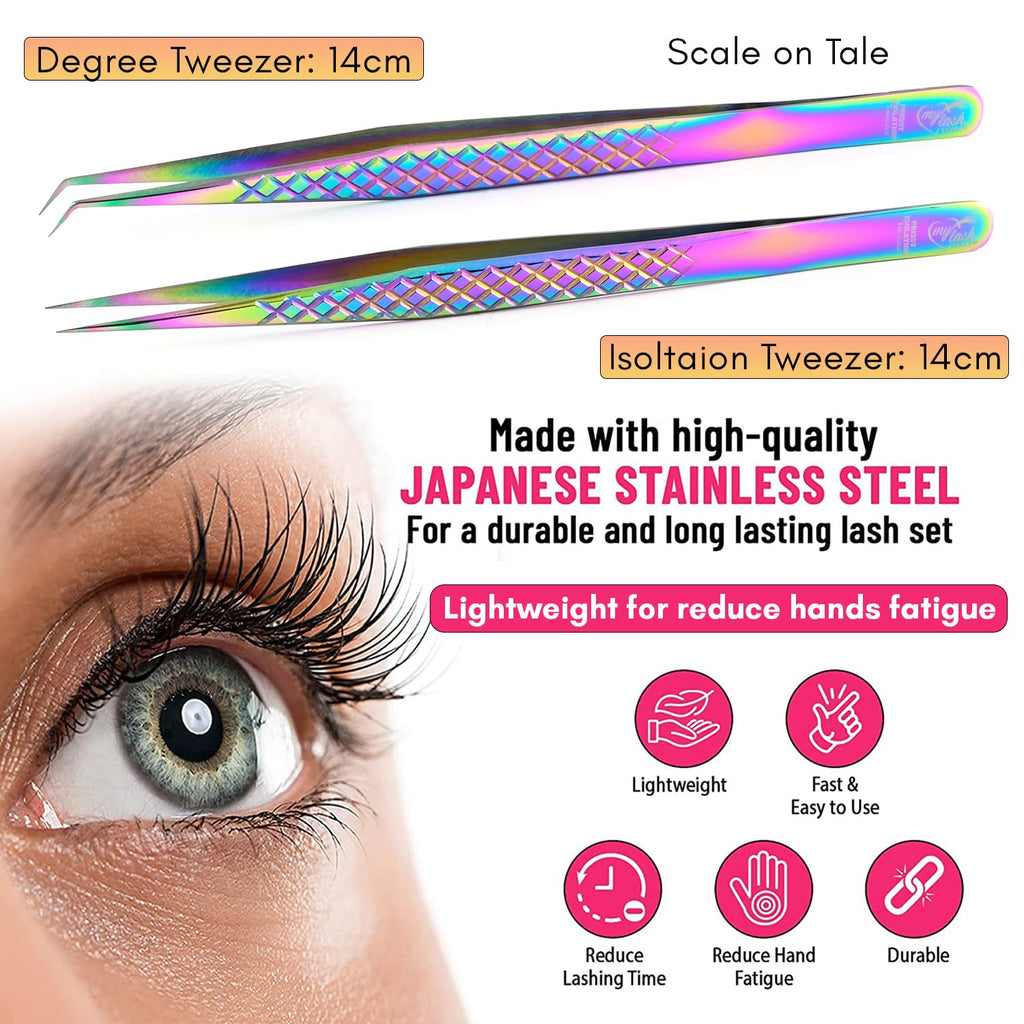 2pcs Curved & Straight Isolation Tweezers for Eyelash Extensions – 14cm Japanese Stainless Steel, Diamond Grip Non Slip Grip, Rainbow Set, Best for Classic & Individual Lashes