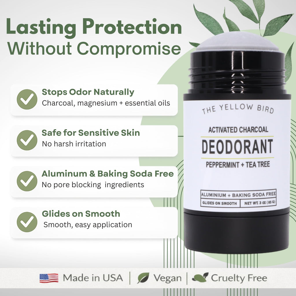Charcoal Deodorant for Men & Women with Tea Tree & Peppermint - Baking Soda Free Deodorant & Aluminum Free Magnesium Formula - Made in USA with Natural & Organic Ingredients - Fresh Mint Scent