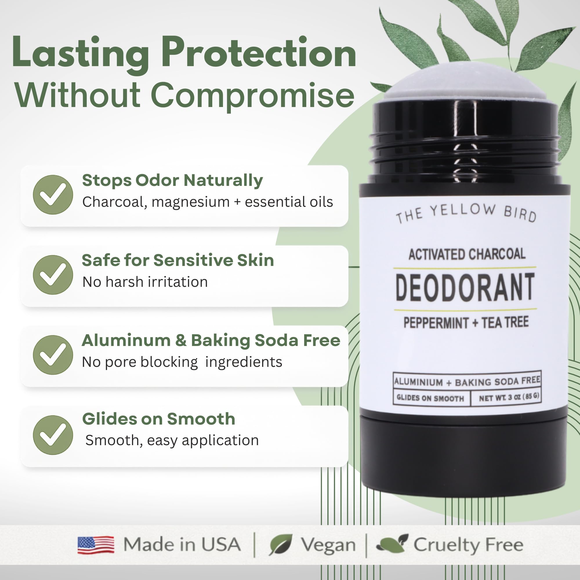 Charcoal Deodorant for Men & Women with Tea Tree & Peppermint - Baking Soda Free Deodorant & Aluminum Free Magnesium Formula - Made in USA with Natural & Organic Ingredients - Fresh Mint Scent
