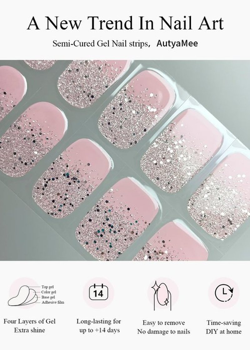 AutyaMee Semi Cured Gel Nail Strips (White Glitter Tip), 20 Pcs Pink Base Gel Nail Wraps, Stickers, Salon Quality, Long Lasting, Works with Any UV Lamps