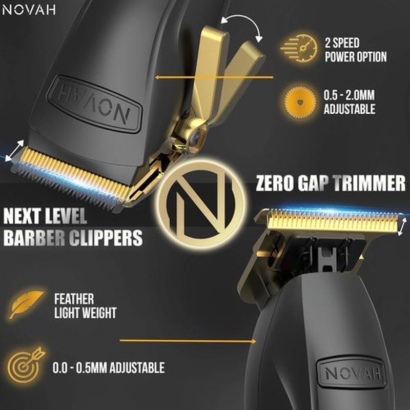Novah® Professional Hair Clippers - Cordless Barber Trimmer Set for Men's Haircuts | Gold Finish