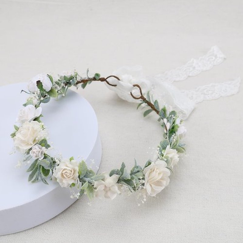 PoshMyra Greenery Flower Crown for Girls White Floral Holo Hair Headpiece Bridal Wreath Bridemaid Crown Rustic Wedding Garland Photo Prop Headband for Child