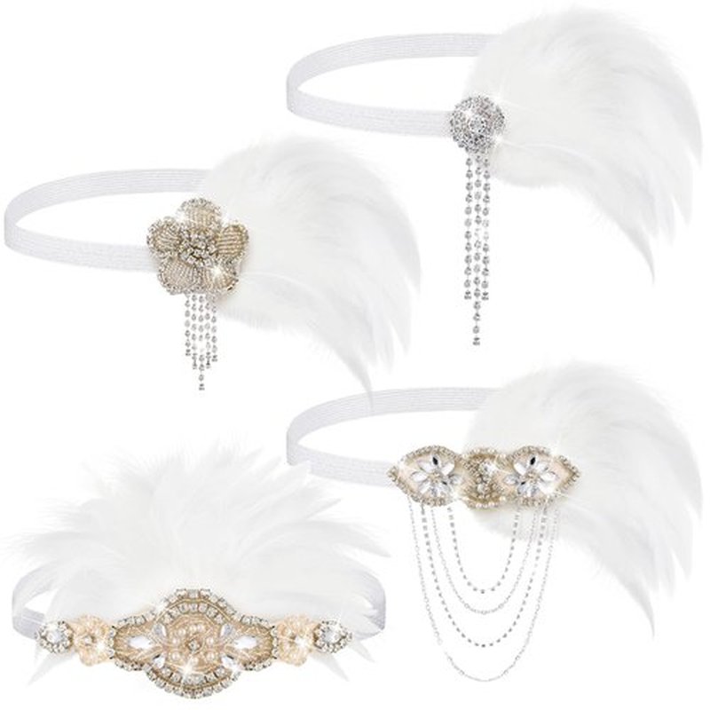 Patelai 4 Pcs Vintage 1920s Flapper Headband Rhinestone Flapper Headpiece Roaring 20s Accessories for Women Mardi Gras Outfit(White)