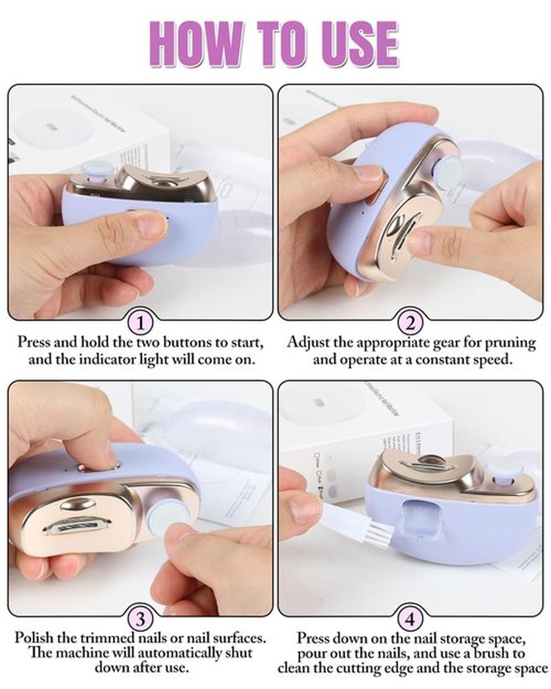 Electric Nail Clipper - 3-in-1 Trim/File/Polish with Nail Debris Catcher, 2 Speed Modes, LED Light, Type-C Rechargeable (for Fingernails),Purple
