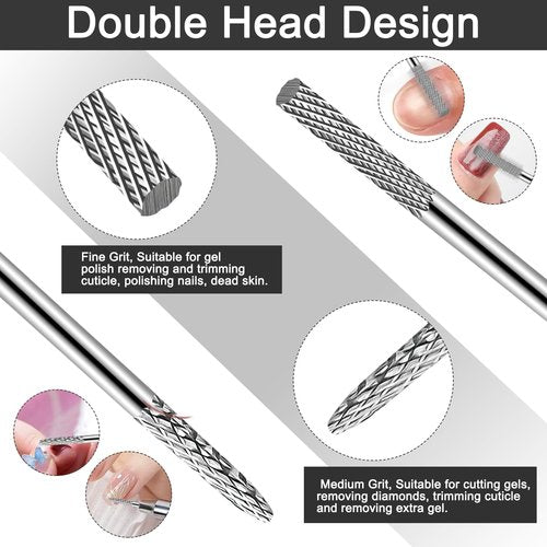 3XF Ultra Fine Cuticle Nail Drill Bit, 3/32" Medium Double Heads Safety Tungsten Carbide Cuticle Remover File Nail Drill Bit for Manicure Pedicure Acrylic Gel Home Salon
