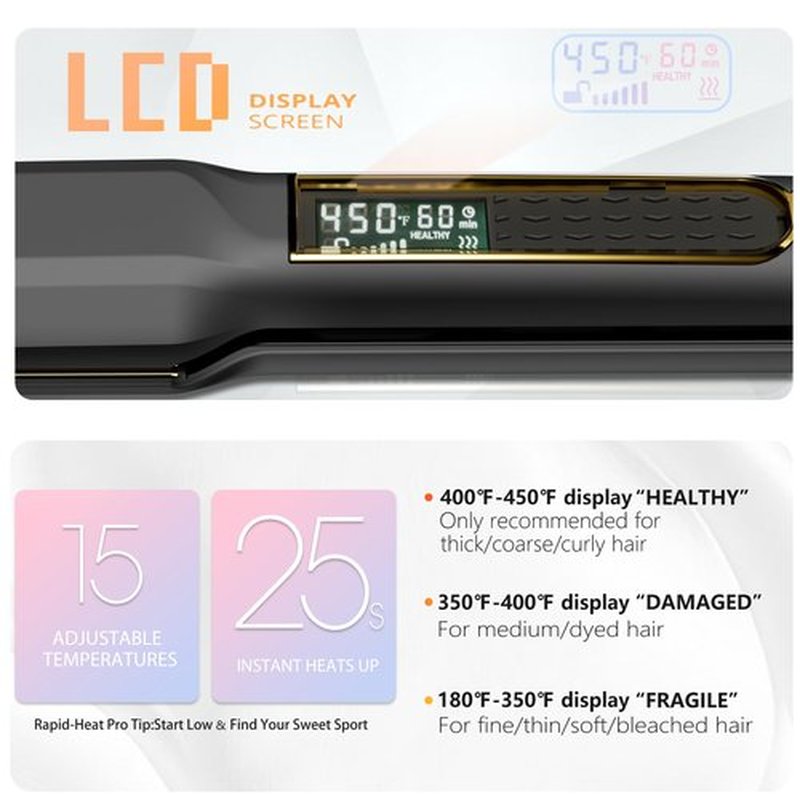 Thirtek Professional Hair Straightener,1.5 inch Ceramic & Titanium Flat Iron,15 Adjustable Temperature Levels,LCD Display, 25s Quick Heat Up,Styling Tools for Thick Hair,Dual Voltage,Black&Gold
