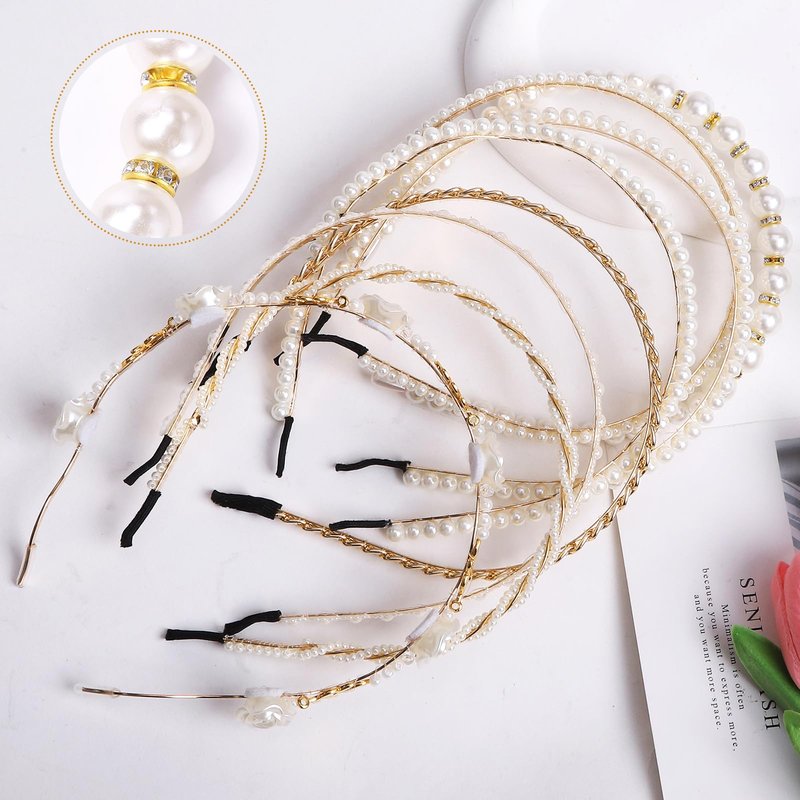 Zifengcer Pearl and Metal Headbands - Beaded No Slip Hair Accessories for Women and Girls, 10 Pack