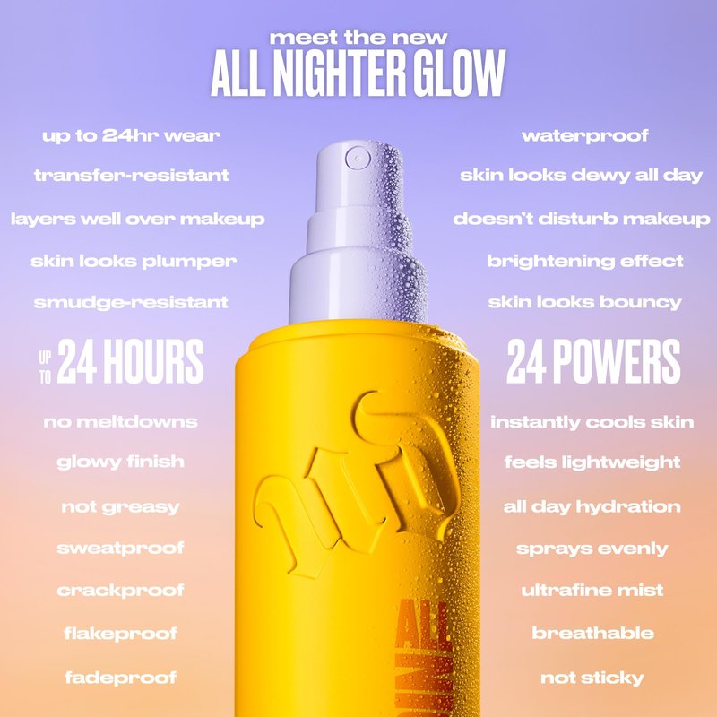 Urban Decay All Nighter Waterproof Makeup Setting Spray - Glass-Skin Glow Finish, Up to 24HR Wear, Dewy Facial Mist, Glow Foundation Face Primer, Smudge-Proof, Transfer-Resistant - 4 fl oz