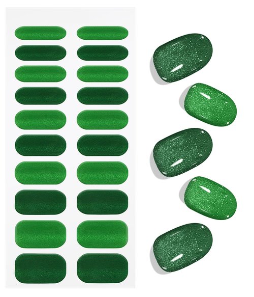 JMEOWIO Semi Cured Gel Nail Strips Green Cat Eye Gel Nail Stickers Nails Art Design Decoration Accessories