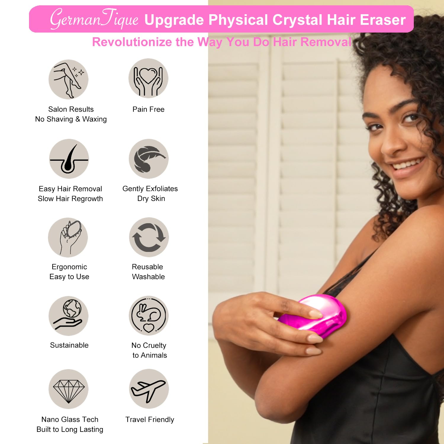 Germantique Crystal Hair Eraser,Natural Crystal Hair Remover,Reusable Painless Nano Glass Hair Removal Device Without Shaver,Gentle Crystal Epilator and Exfoliator for Soft Silky Skin(Hot Pink)
