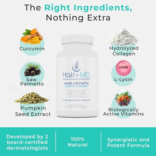 Hair Plus MD Hair Growth Supplement - Supports Density & Growth with Collagen & Vitamins | 120 Capsules