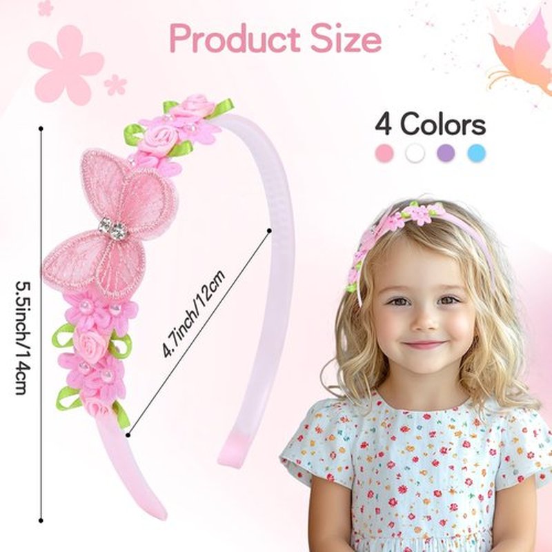 OAOLEER 4PCS Headband for Girls, Flower Headbands Floral Hair Bands Non Slip Hoops Accessories for Girls Toddlers Kids Teens Children(Butterfly Headbands, 1 Count (Pack of 4))